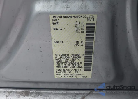 2014 Nissan Altima 2.5/2.5 S/2.5 Sl/2.5 Sv from USA, damaged, VIN 1N4AL3AP7EC270136